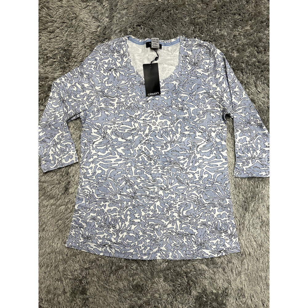 Olsen Europe Women's 3/4 Sleeve Cotton Top Blue Silver Swirl Print Size M-L 12